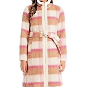 Kate Spade Belted Maxi Wool with Sherpa Detail Buffalo Plaid Coat Women's Size M